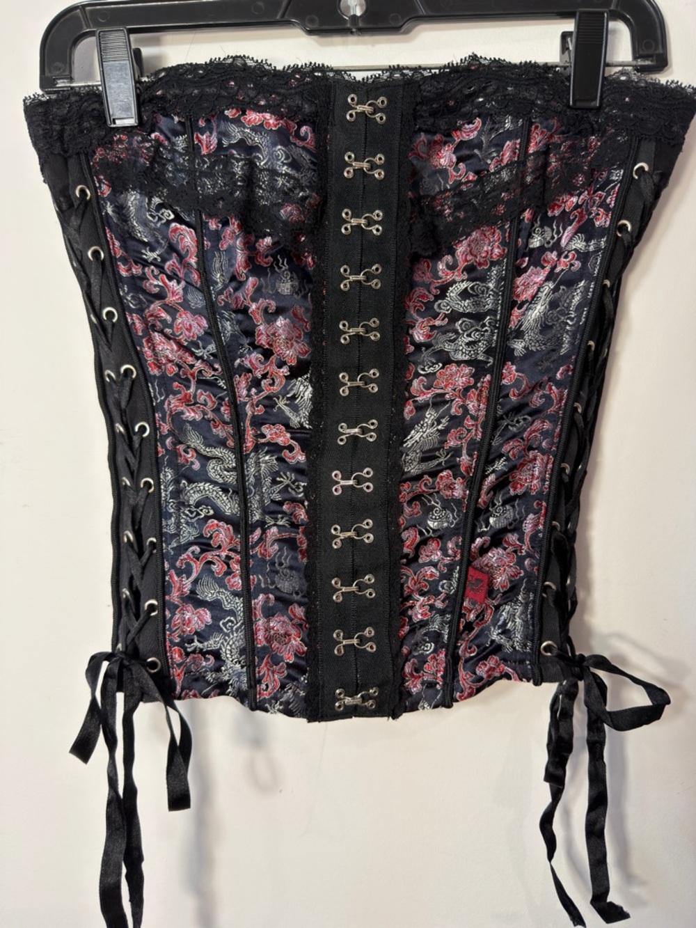 TRiP Black Floral Satin Corset with Lace Trim